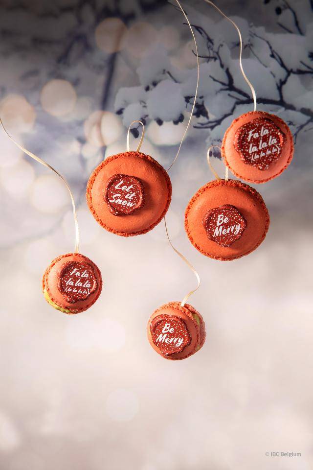 Red Macarons, Chocolate seals on Christmas Baubles