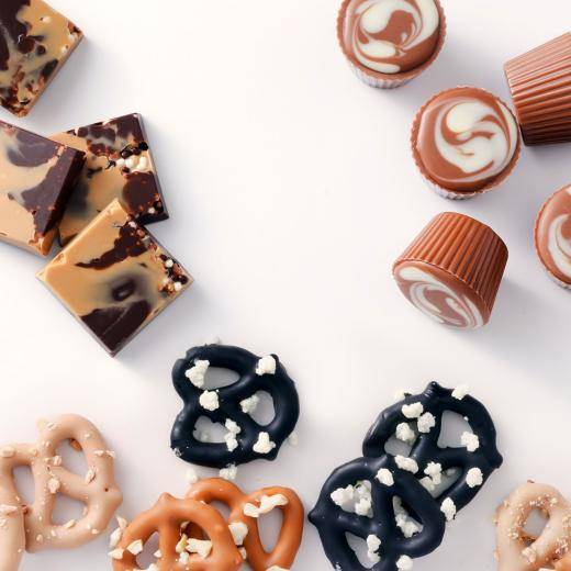 various chocolates on a white background