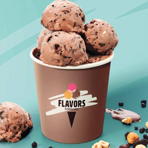 Flavors Forward ice cream pint on a green background