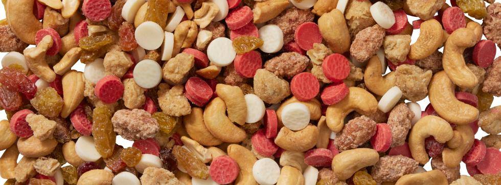close-up of trail mix with nuts, dates and chocolates