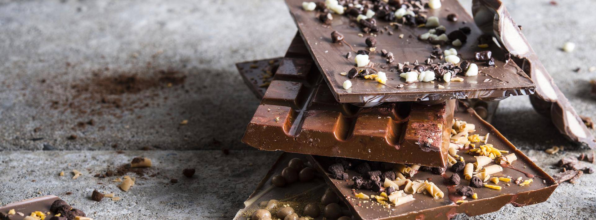 Chocolate tablets with various chocolate sprinkles and inclusions