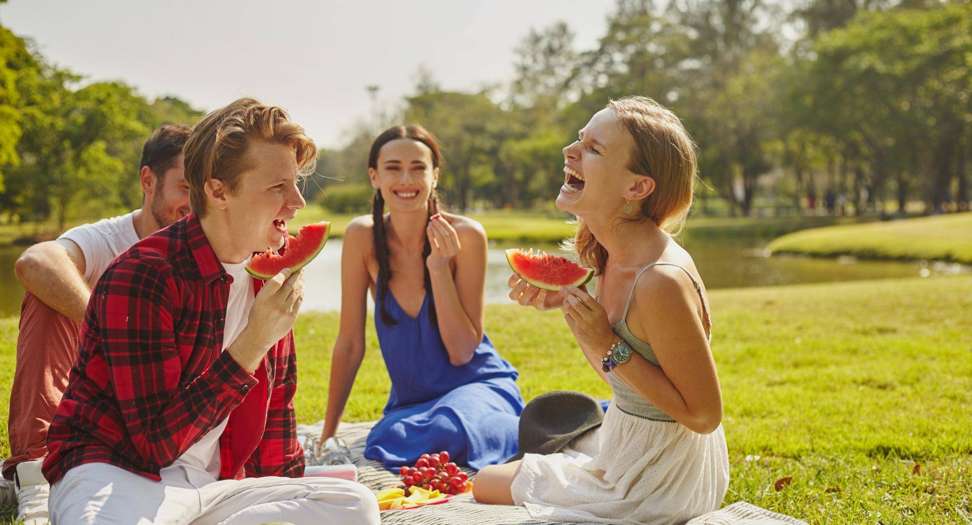 Group of young people enjoying a healthy picnic