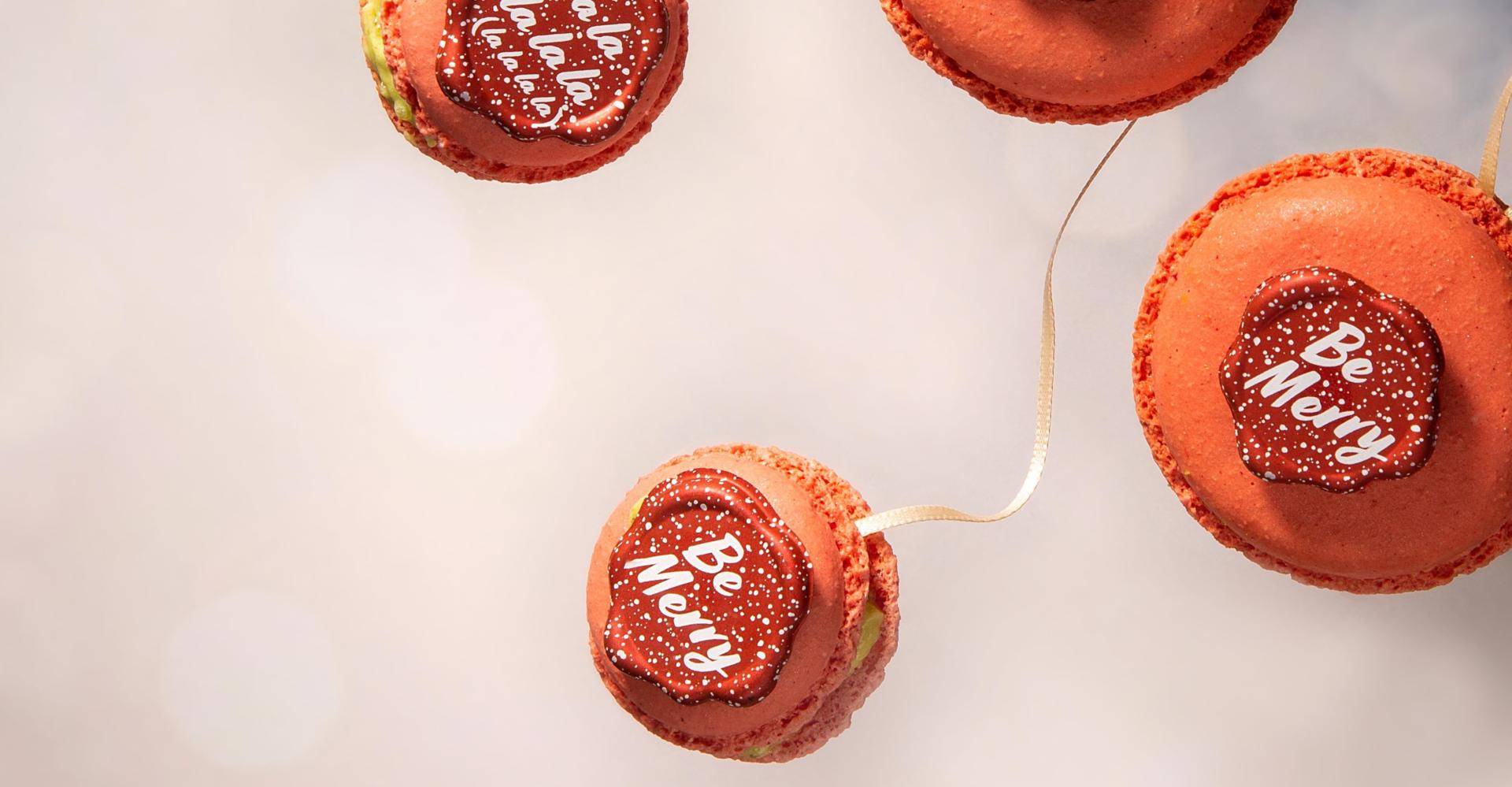 Red Macarons, Chocolate seals on Christmas Baubles