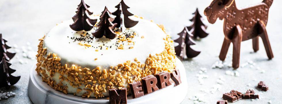 Christmas celebration cake decorated with chocolate decorations