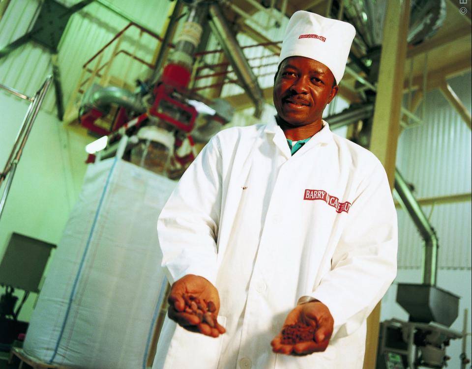 chocolate factory employee showing nibs in his hands