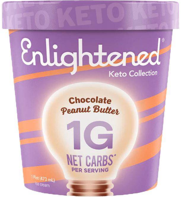 A purple pint carton of Enlightened Keto Chocolate Peanut Butter Ice Cream
