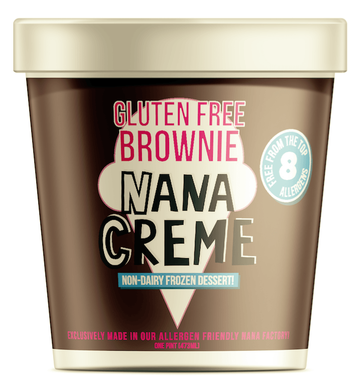 A brown ice cream pint with a white top that says Gluten-Free Brownie Nana Cream