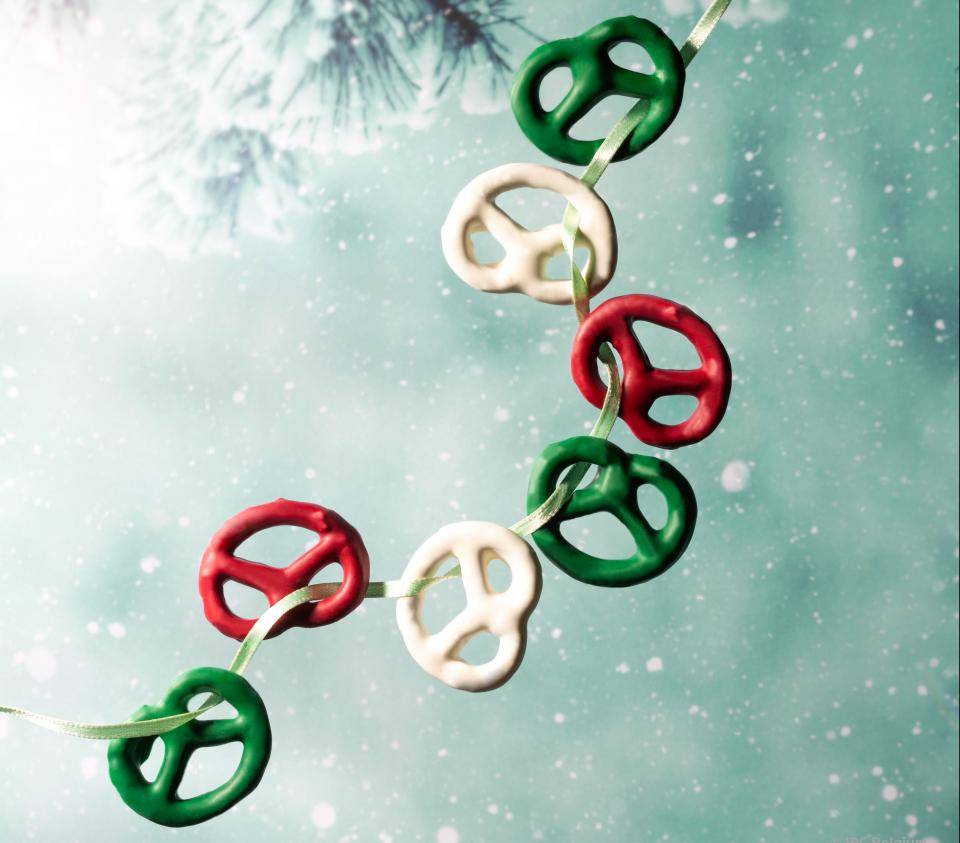 pretzels, white, red, green chocolate, christmas tree