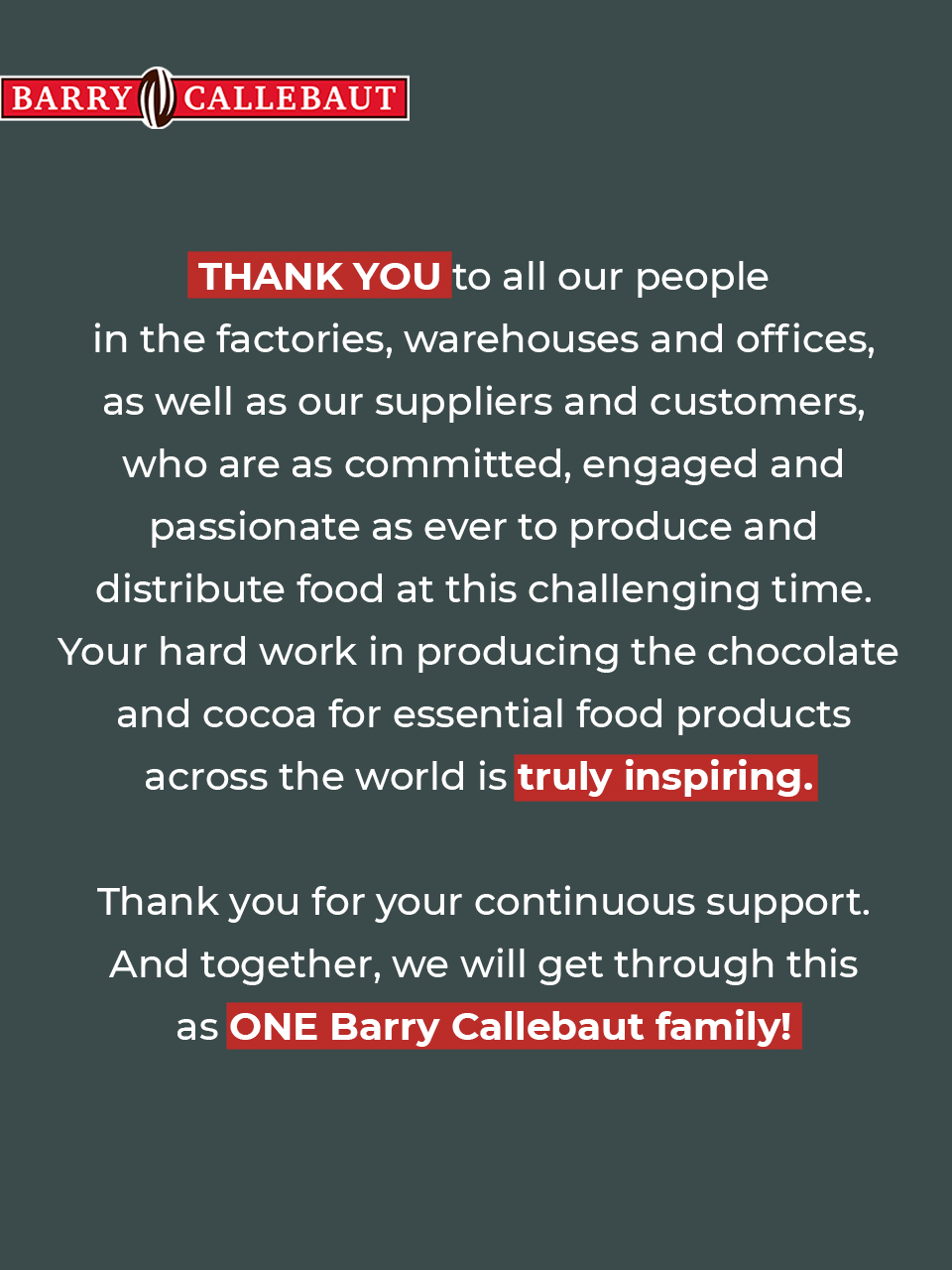 Barry Callebaut Thank You Message COVID-19 Employees, Customer, Suppliers