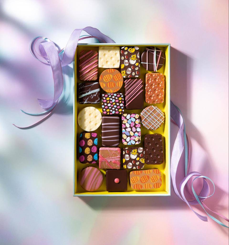 Box of Easter pralines with various prints