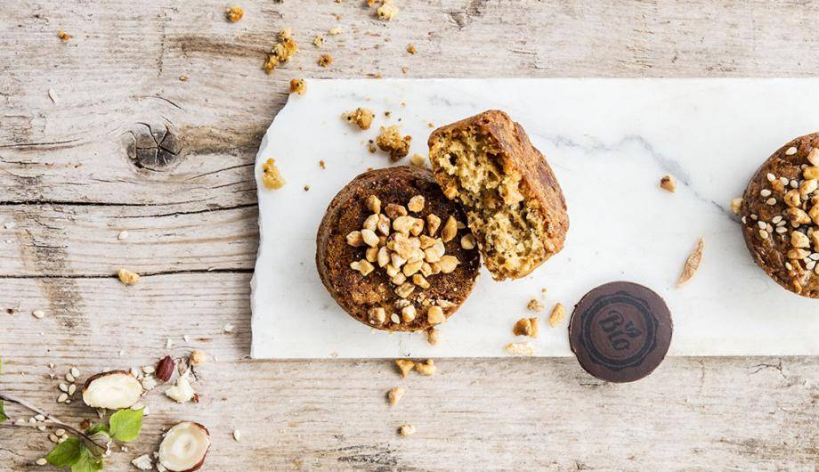 Organic cake with a topping of organic nuts