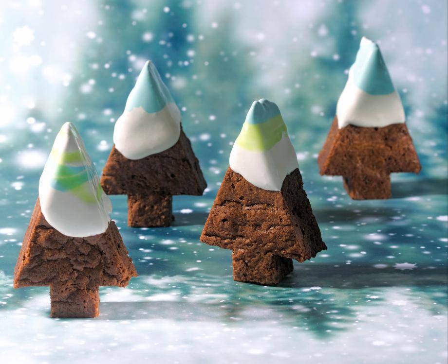 Chocolate brownies, molten chocolate, white blue and green colors