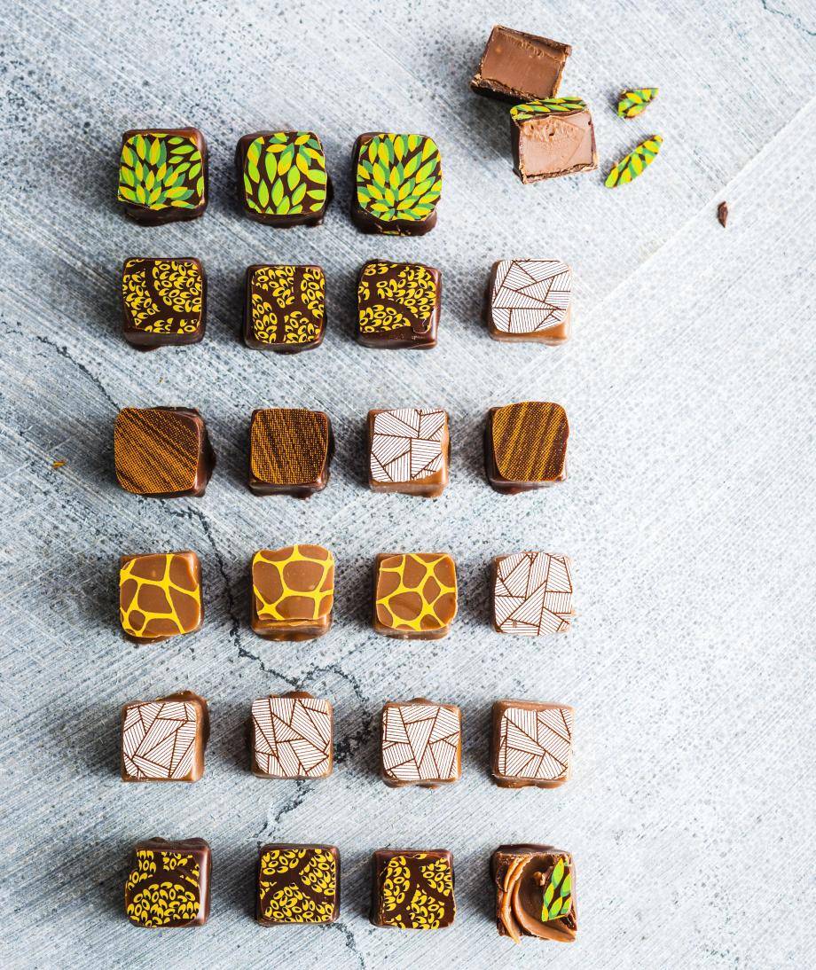 Pralines made with Single Origin chocolate and exotic prints