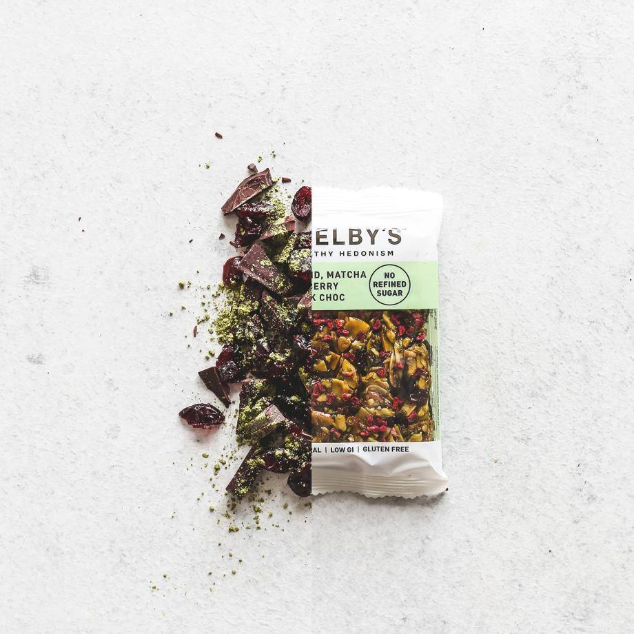 Shelby's healthy hedoism Almond, Matcha, Cranberry & Dark Choc Bar