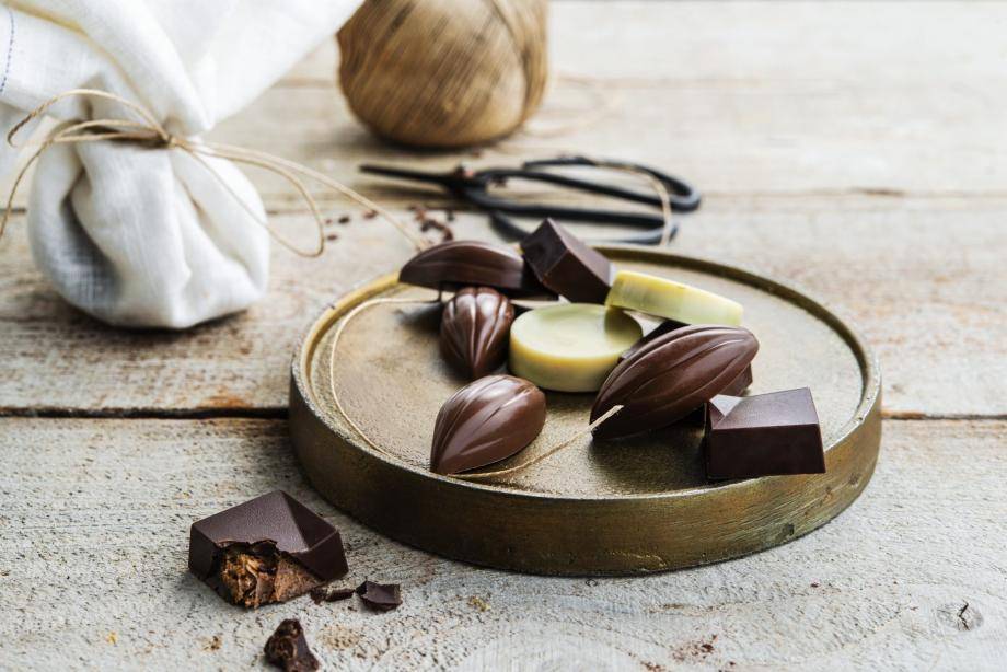 chocolate treats on gold dish