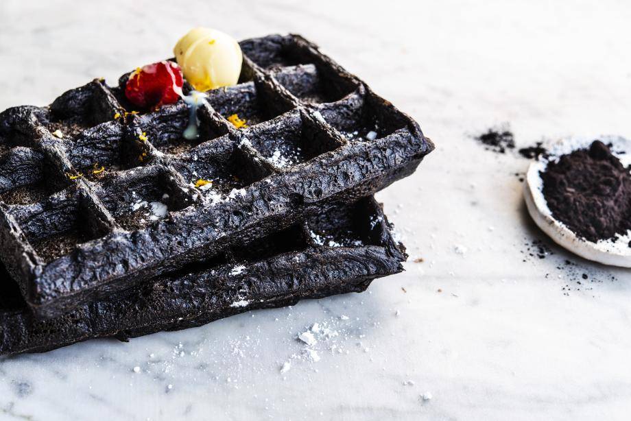 black waffles, black dessert, black food, black cocoa powder, goth food, goth trend, bensdorp, black cocoa