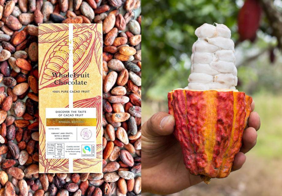 Waitrose WholeFruit Chocolate Bar next to cacaofruit 