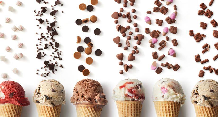 6 different ice cream cones on a white background