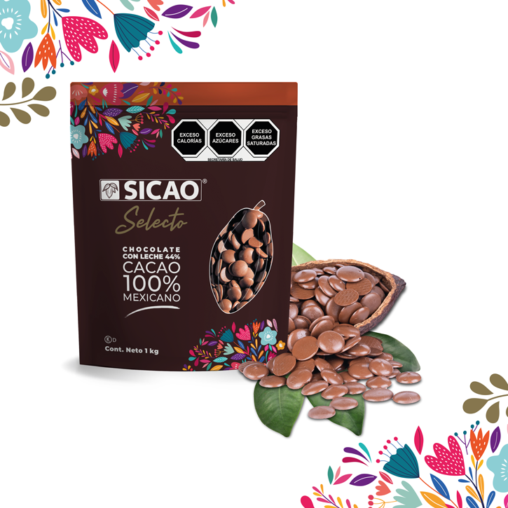 Chocolate con leche 44% cacao, con un sabor intenso a cacao con notas dulces, que es además cremoso y lácteo.