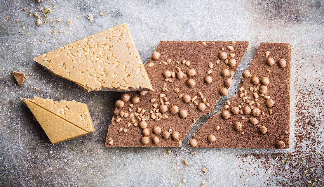 Caramel Doré and Caramel Milk Chocolate, with caramel chips and salted caramel crispy bites
